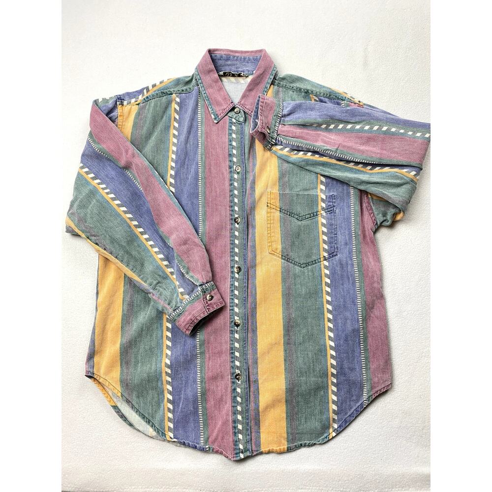 Vintage QUIZZ Mens L Colorful Striped Button Down Shirt Long Sleeve Pastel Retro